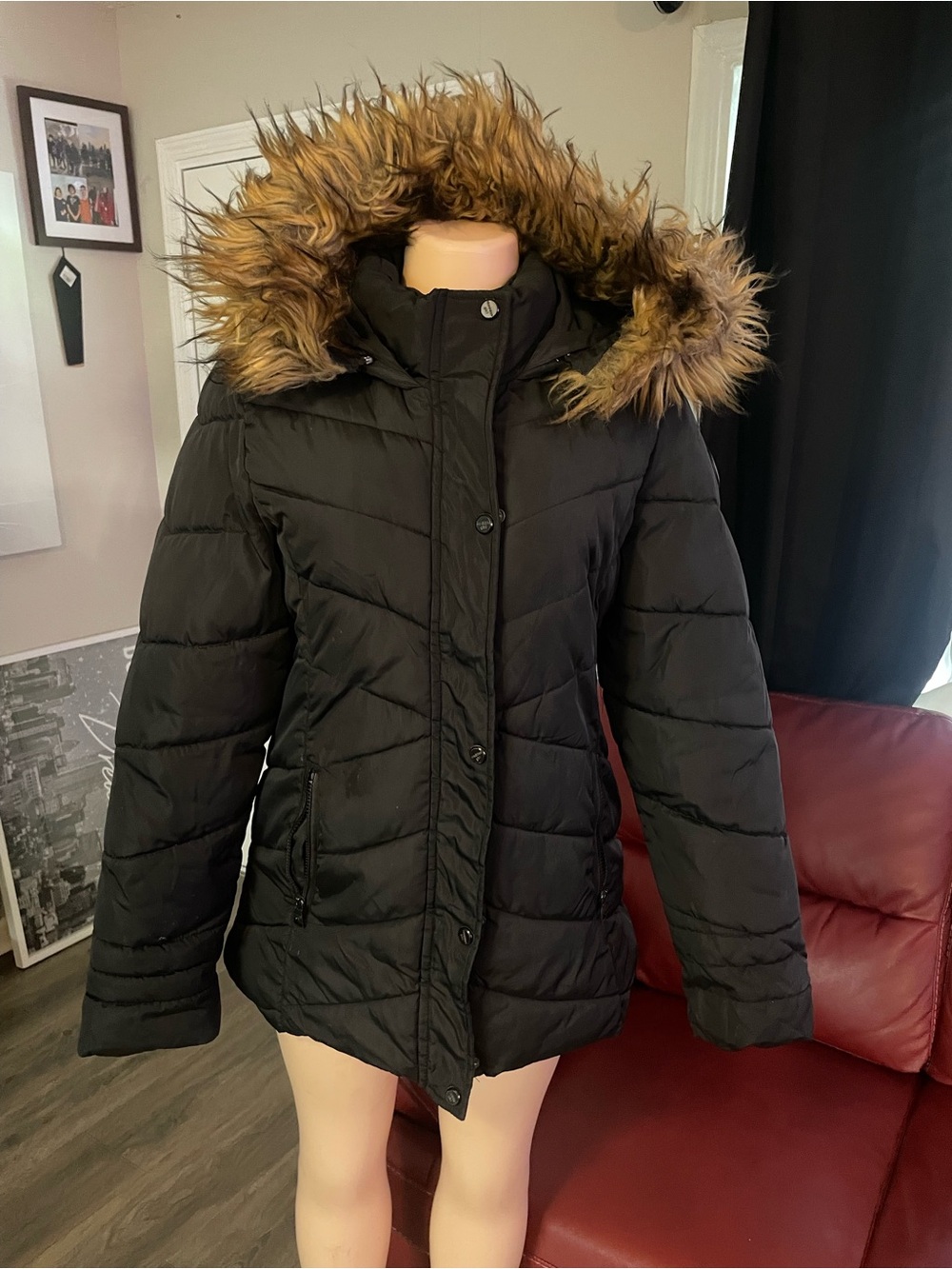 Madden Girl Womens Black Puffer Winter Coat with Faux removable Fur Hood Medium